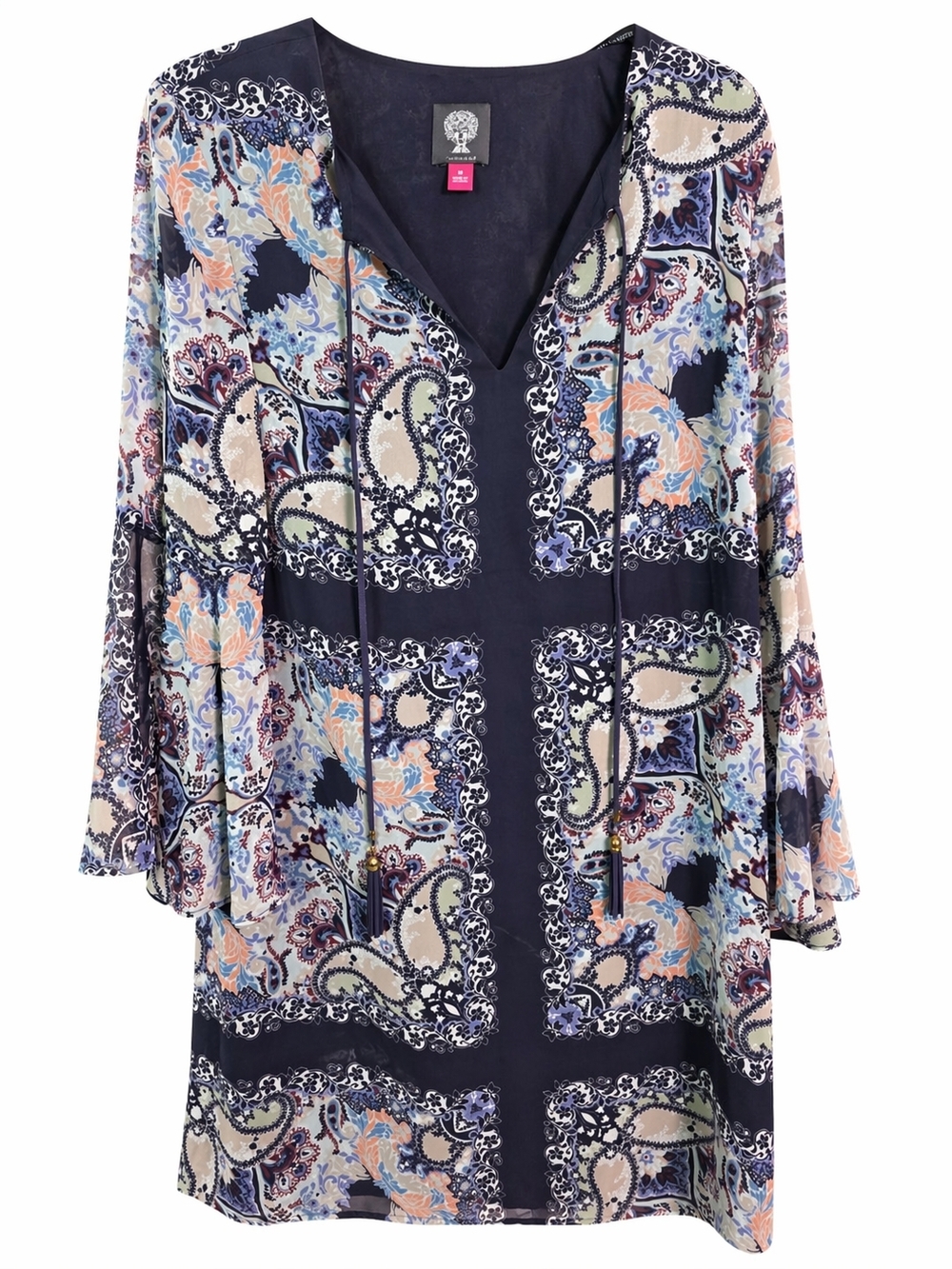 Vince Camuto NWT Navy Paisley Boho Chic Dress Tassels Size 10